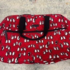 Vera Bradley Quilted Medium Traveler Duffle Bag with Red Playful Penguins Design